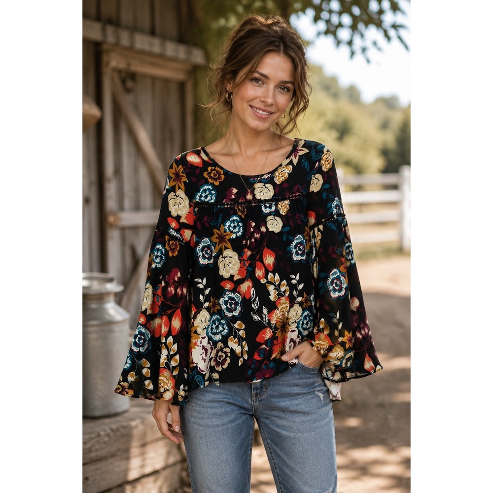 New Directions Womens Tunic Top Size PS NWT Artsy Black Floral Boho Bell Sleeve